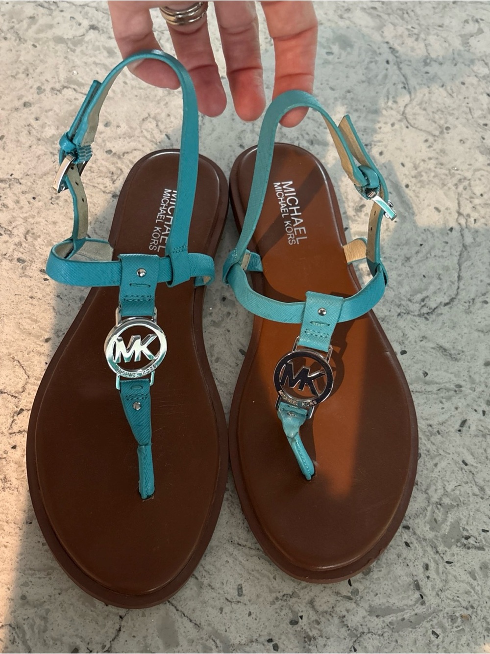 Michael Kors Turquoise Thong Sandals with Silver MK Medallion